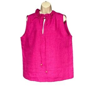 Ann Mashburn Size Large Split Neck Pink Sleeveless 100% Linen Blouse